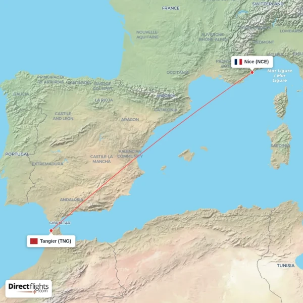 Nice - Tangier direct flight map