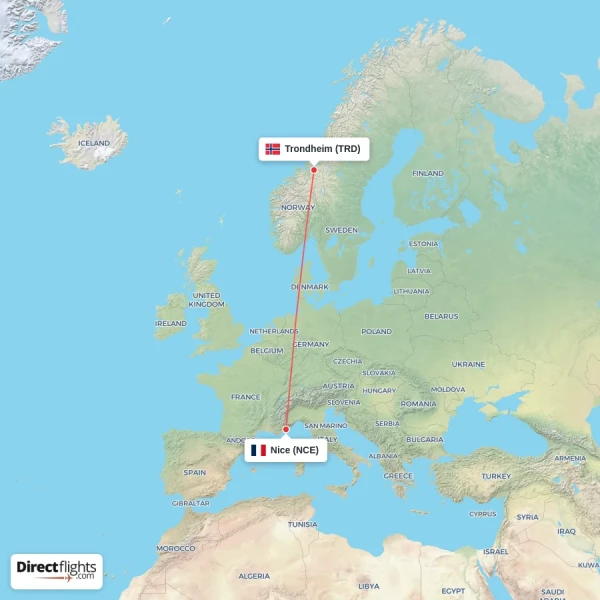 Nice - Trondheim direct flight map