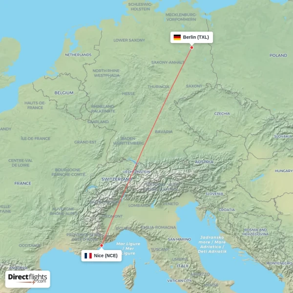 Nice - Berlin direct flight map