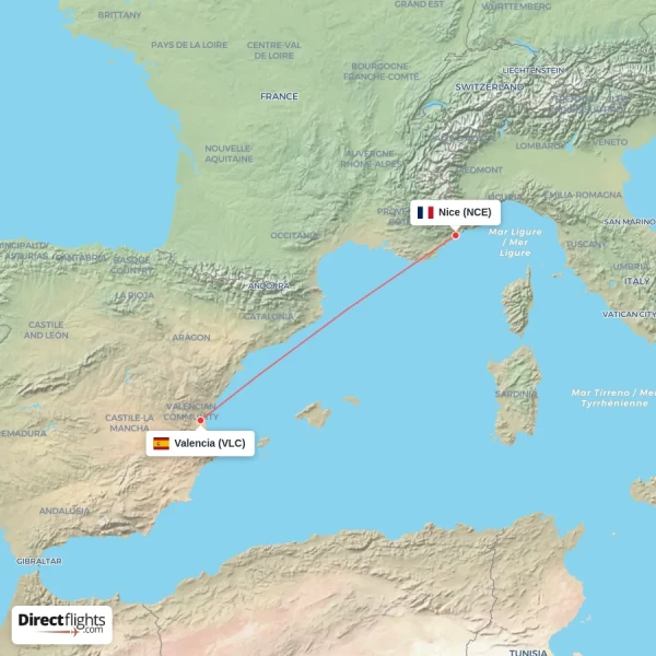 Nice - Valencia direct flight map