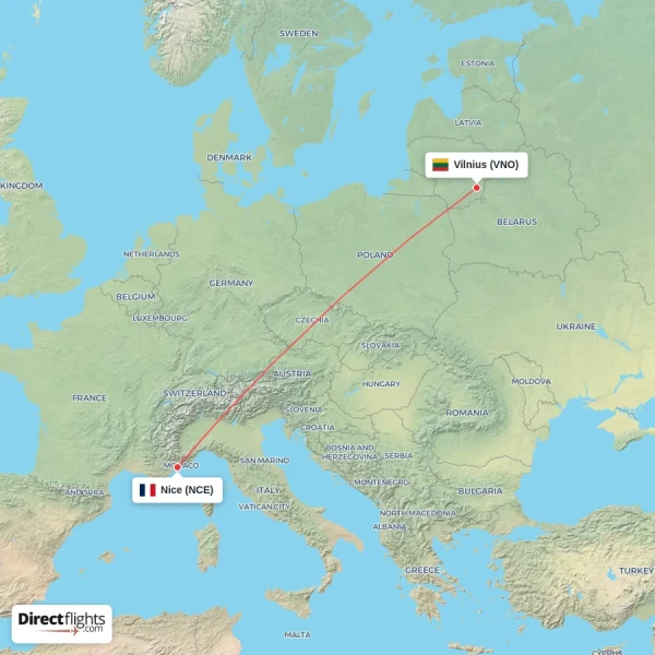 Nice - Vilnius direct flight map