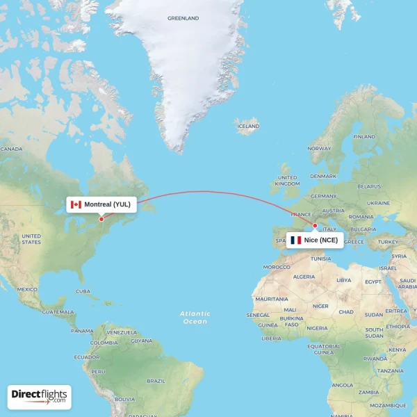 Nice - Montreal direct flight map