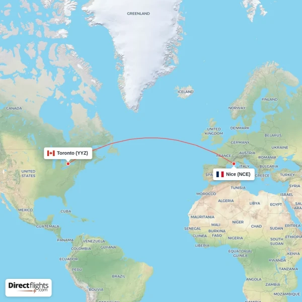 Nice - Toronto direct flight map