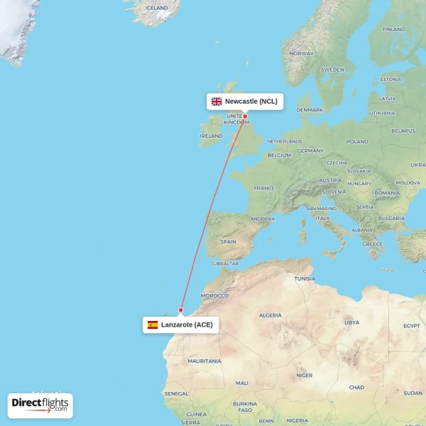 Newcastle - Lanzarote direct flight map