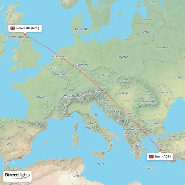 Newcastle - Izmir direct flight map
