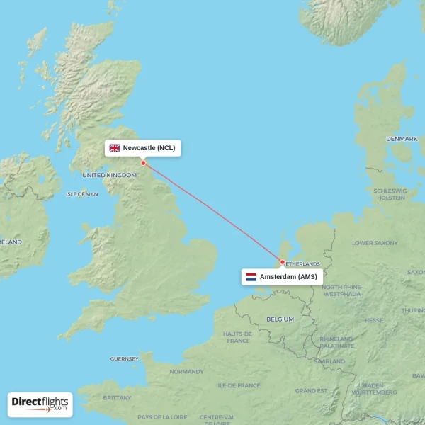 Newcastle - Amsterdam direct flight map