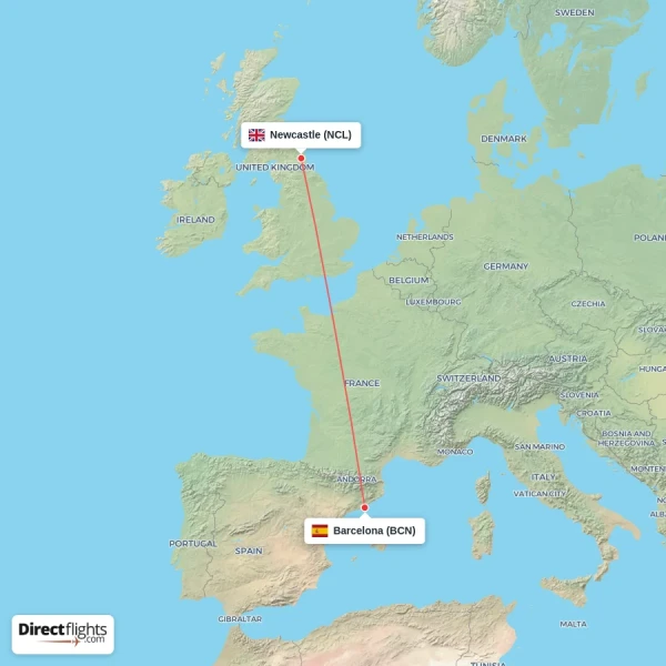 Newcastle - Barcelona direct flight map