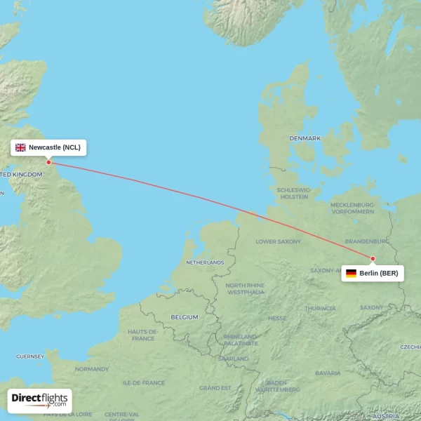 Newcastle - Berlin direct flight map