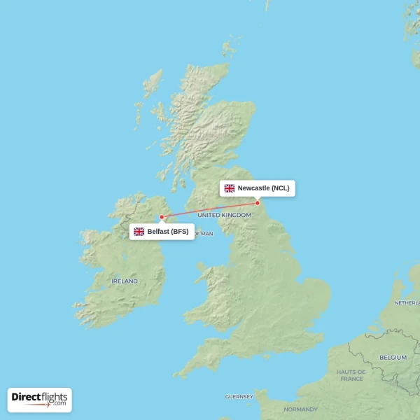 Newcastle - Belfast direct flight map