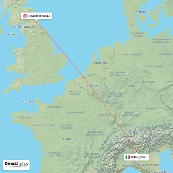 Newcastle - Milan direct flight map