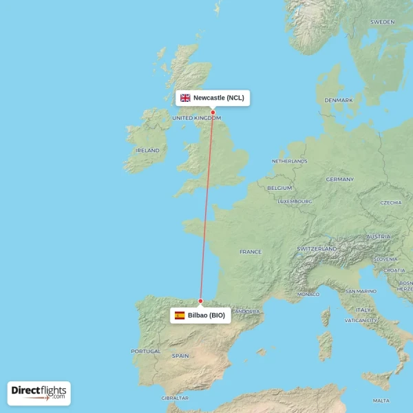 Newcastle - Bilbao direct flight map