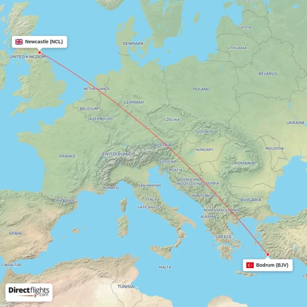 Newcastle - Bodrum direct flight map