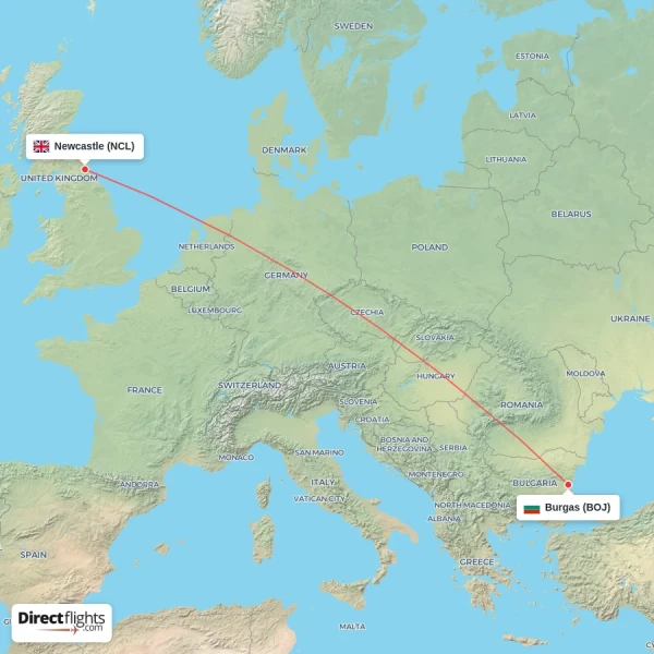 Newcastle - Burgas direct flight map