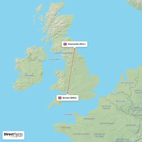 Newcastle - Bristol direct flight map