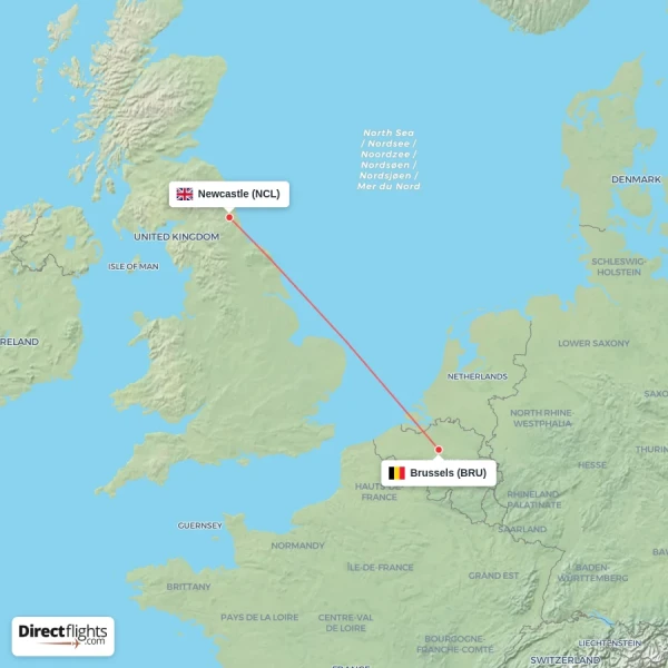 Newcastle - Brussels direct flight map