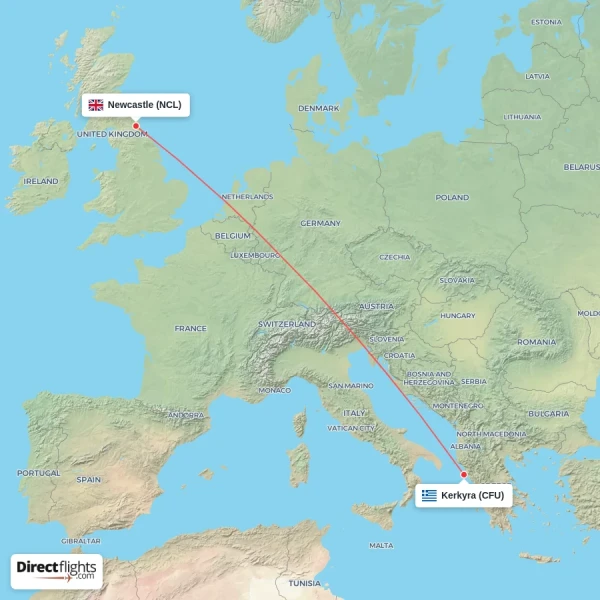 Newcastle - Kerkyra direct flight map