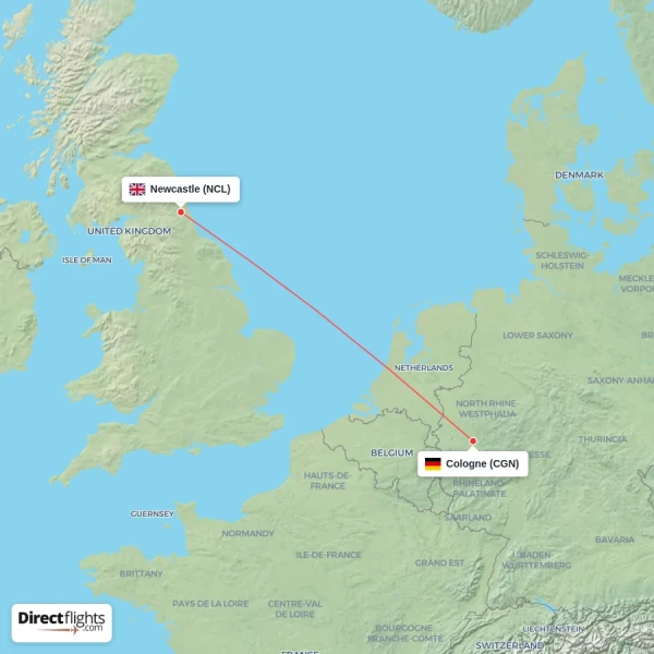 Newcastle - Cologne direct flight map