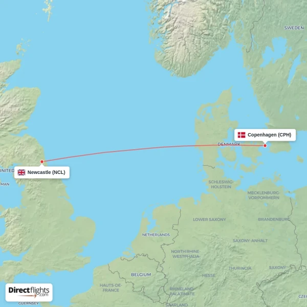 Newcastle - Copenhagen direct flight map