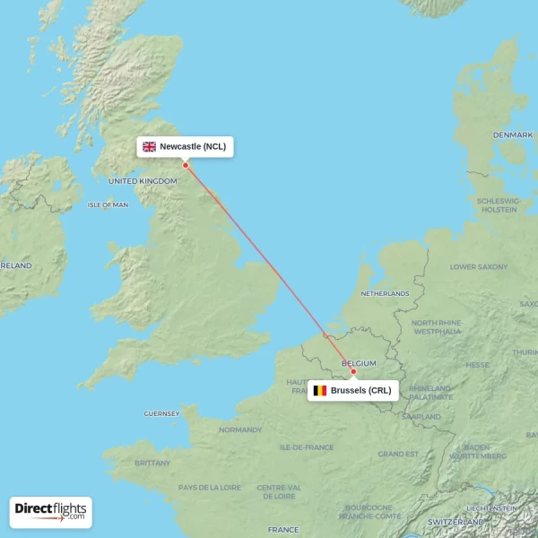 Newcastle - Brussels direct flight map