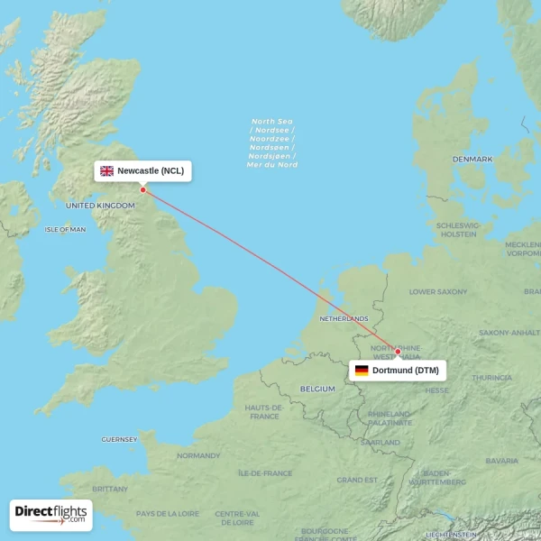 Newcastle - Dortmund direct flight map