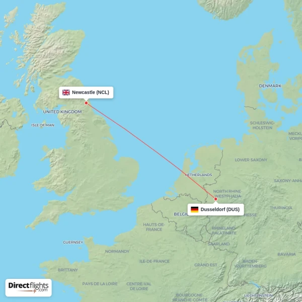 Newcastle - Dusseldorf direct flight map