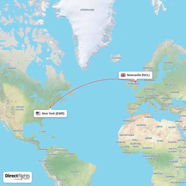Newcastle - New York direct flight map
