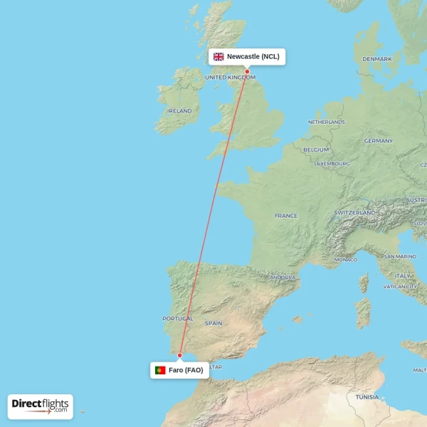 Newcastle - Faro direct flight map