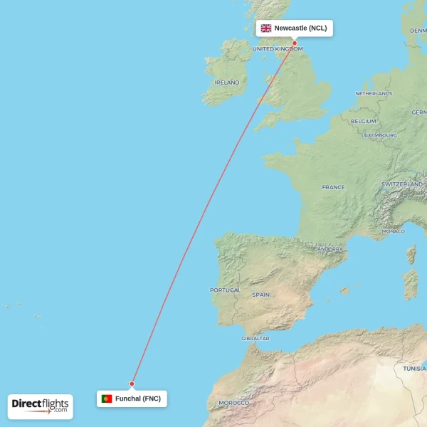 Newcastle - Funchal direct flight map