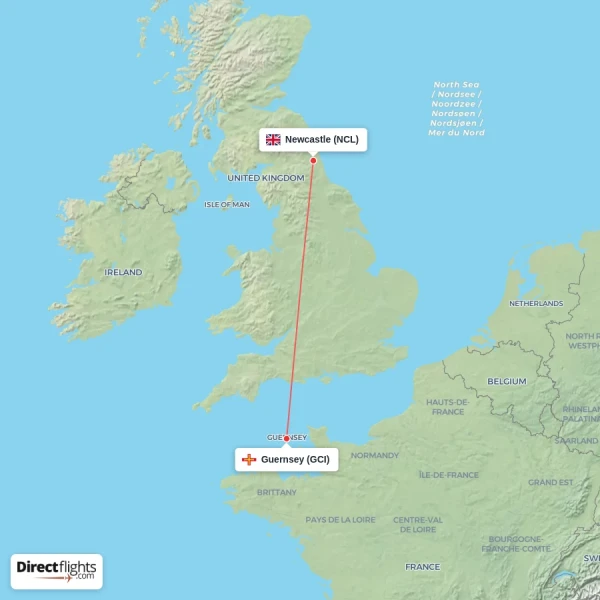 Newcastle - Guernsey direct flight map