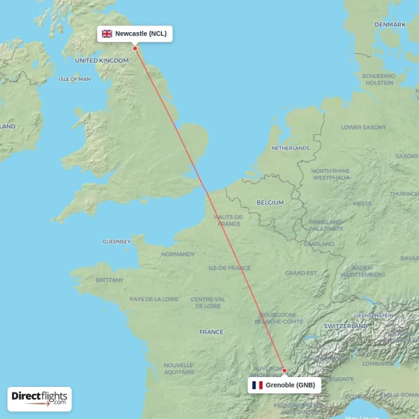 Newcastle - Grenoble direct flight map