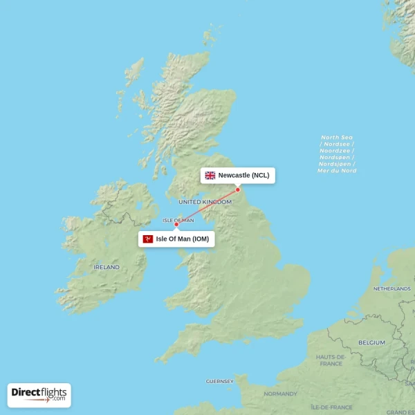 Newcastle - Isle Of Man direct flight map