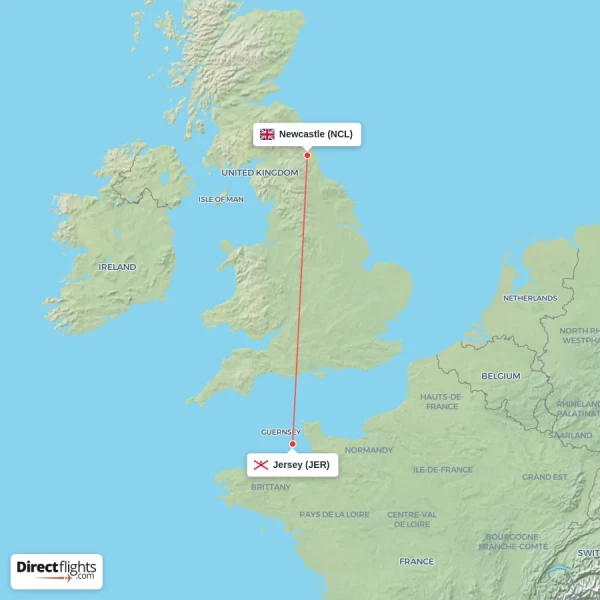 Newcastle - Jersey direct flight map