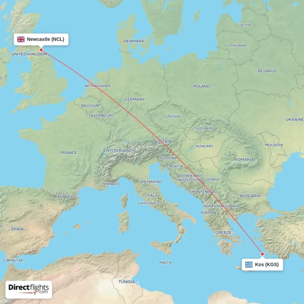 Newcastle - Kos direct flight map