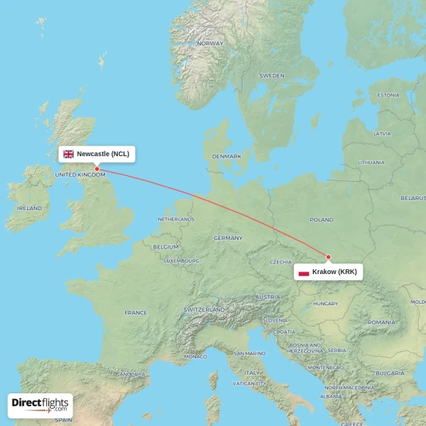 Newcastle - Krakow direct flight map