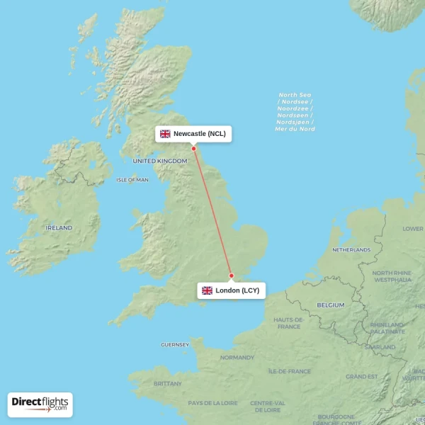 Newcastle - London direct flight map