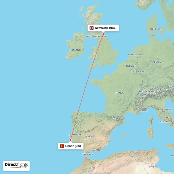 Newcastle - Lisbon direct flight map
