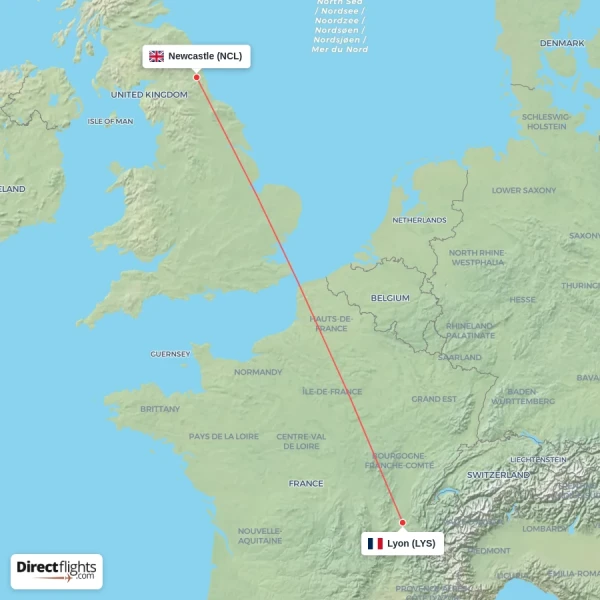 Newcastle - Lyon direct flight map