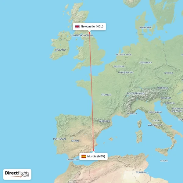Newcastle - Murcia direct flight map