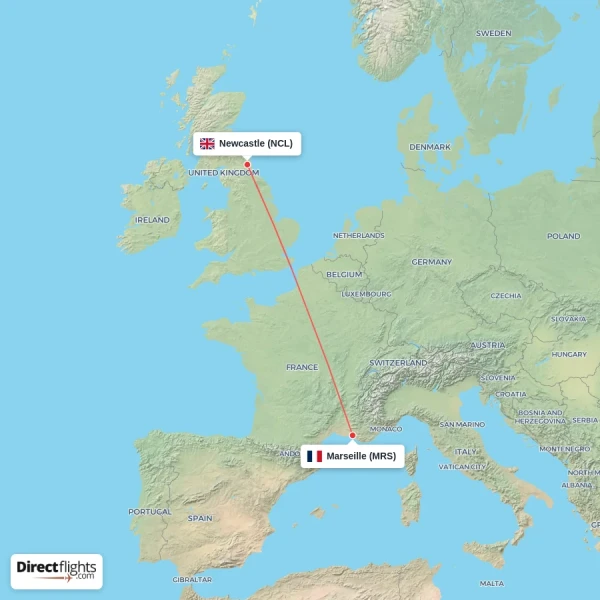 Newcastle - Marseille direct flight map