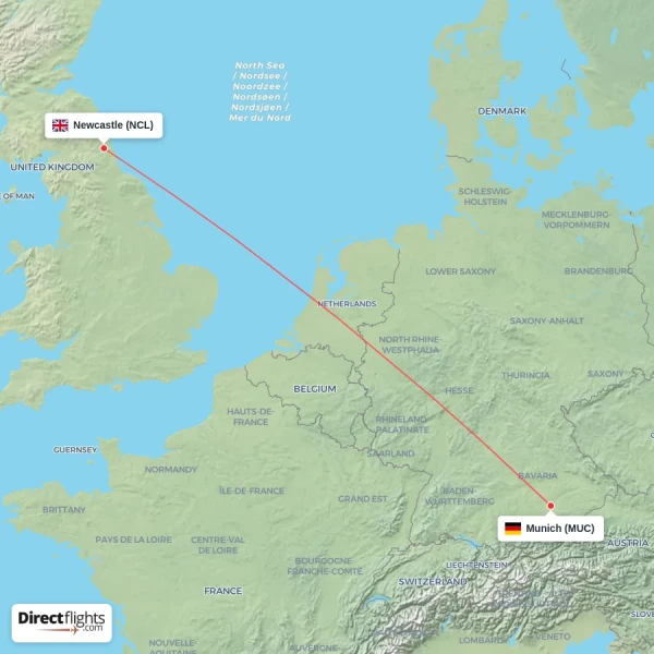 Newcastle - Munich direct flight map