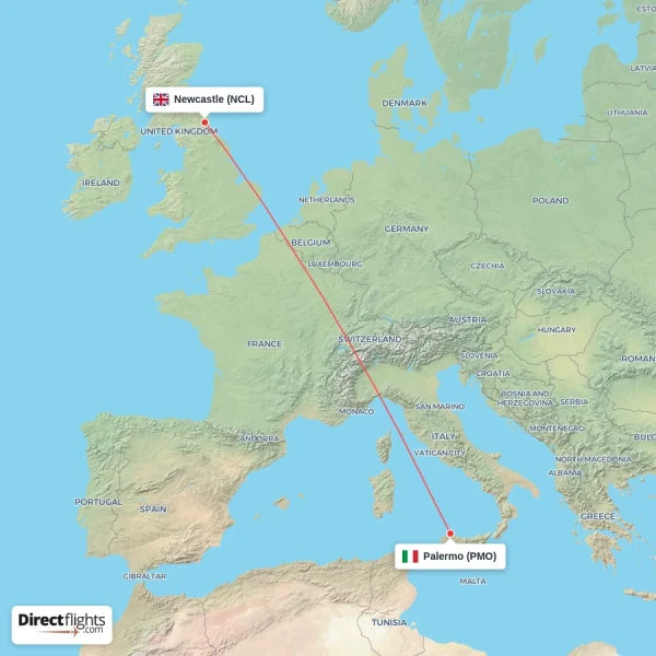 Newcastle - Palermo direct flight map