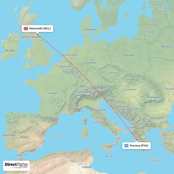 Newcastle - Preveza direct flight map
