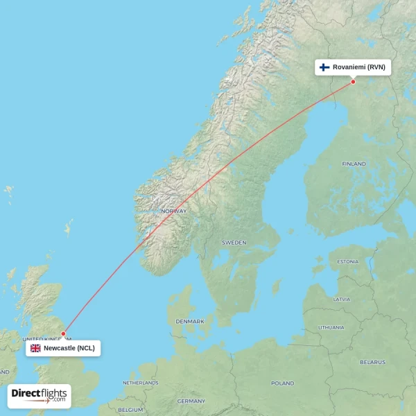Newcastle - Rovaniemi direct flight map