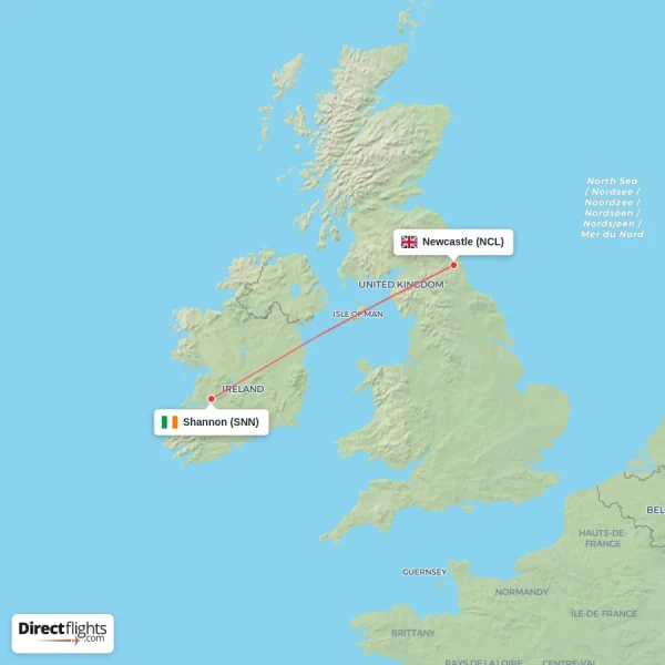 Newcastle - Shannon direct flight map