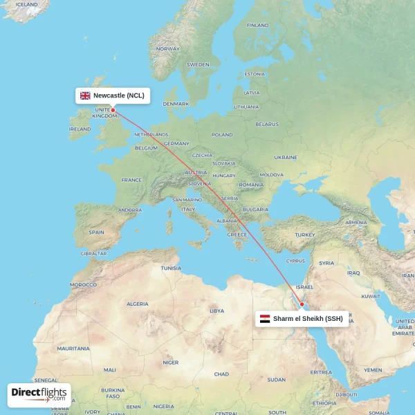 Newcastle - Sharm el Sheikh direct flight map