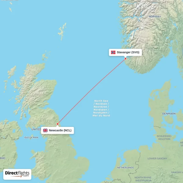 Newcastle - Stavanger direct flight map