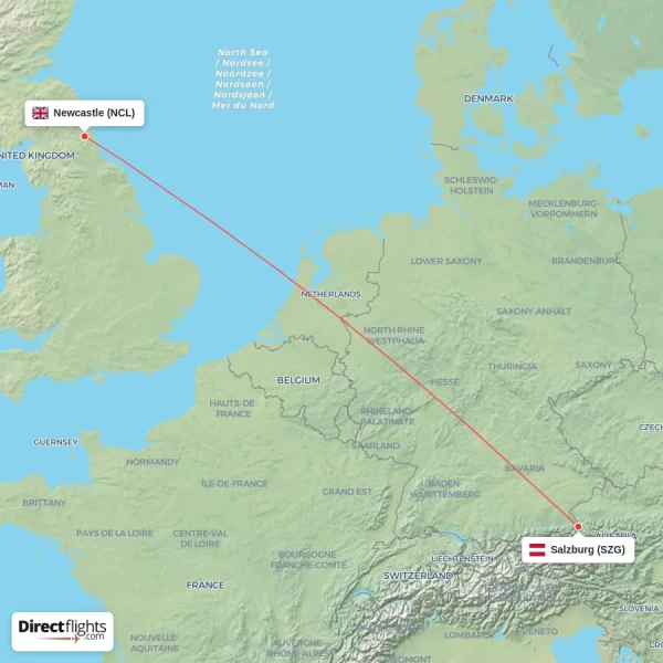 Newcastle - Salzburg direct flight map
