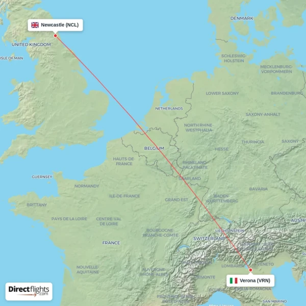 Newcastle - Verona direct flight map