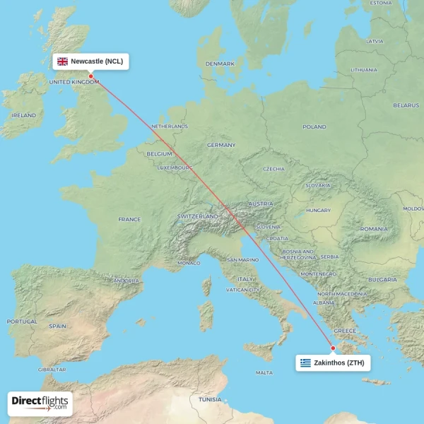 Newcastle - Zakinthos direct flight map
