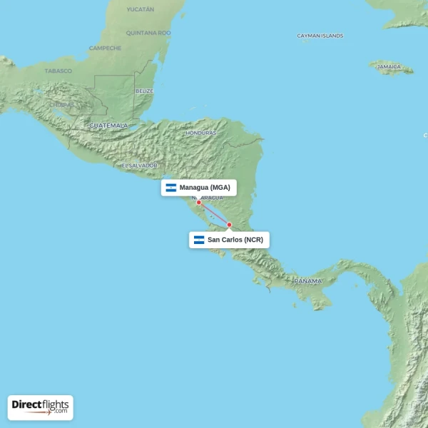 San Carlos - Managua direct flight map